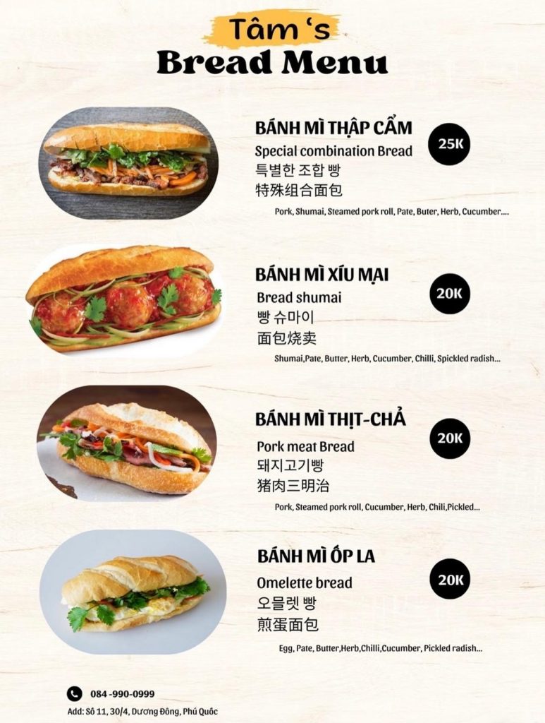 tam bread menu phu quoc