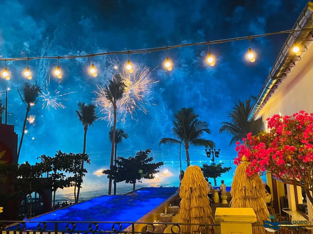 a beautiful picture taken at venice cafe entrance at sunset town phu quoc